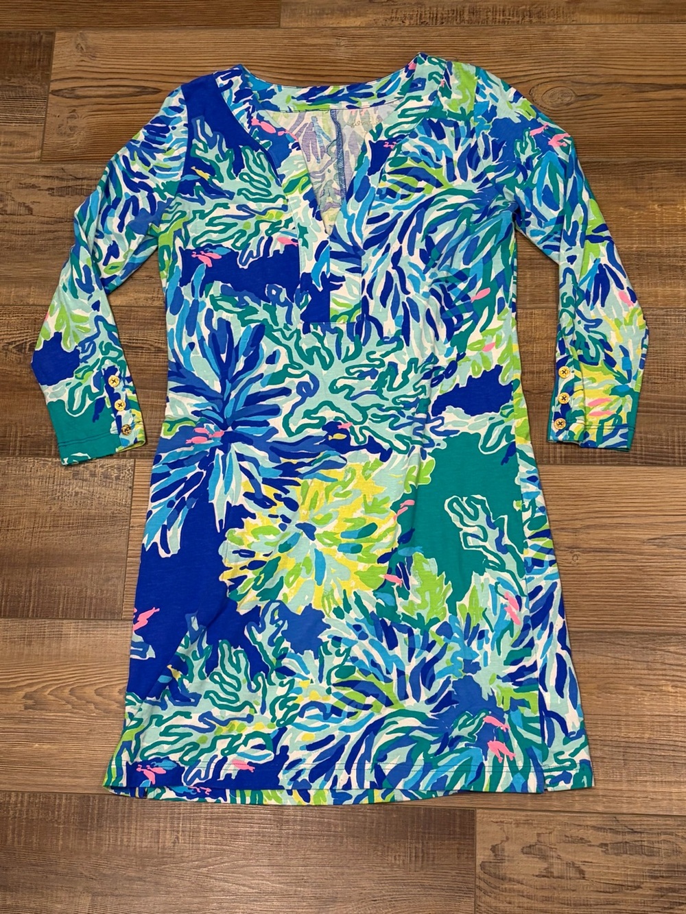 Lilly Pulitzer Riva Dress Blue Teal & Lime Floral V-Neck Summer Size Sm EUC